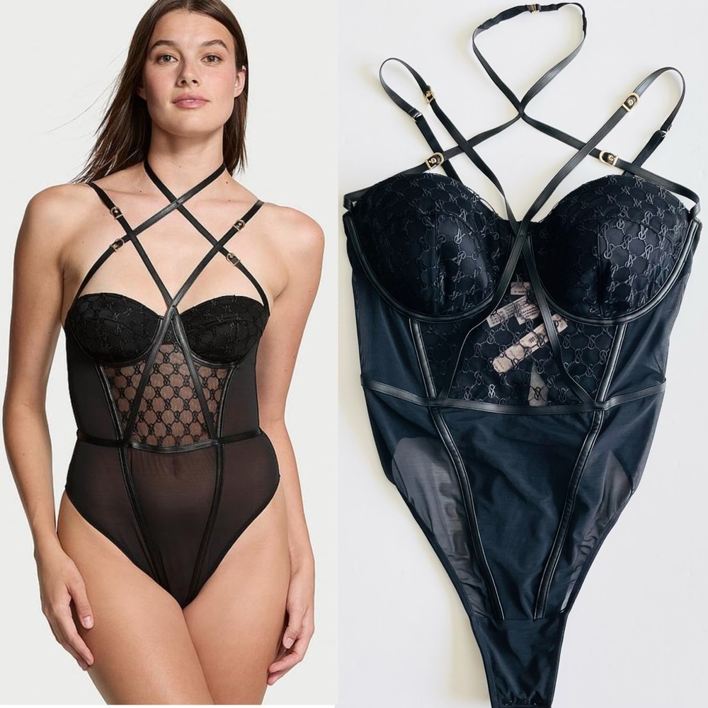 NWT Victoria’s Secret XXL logo embroidered strappy black bodysuit - Picture 1 of 6